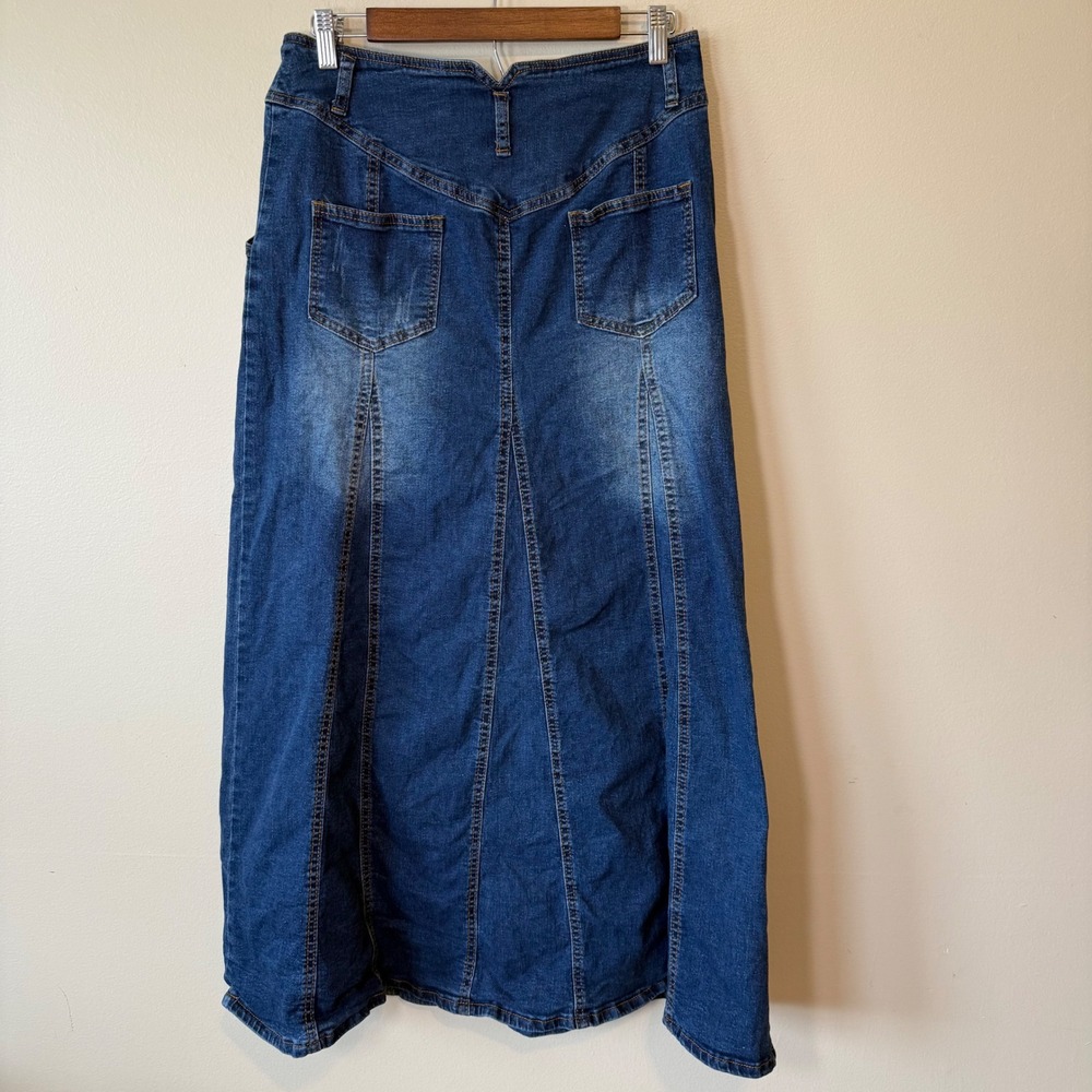 Cotton Denim Skirt M/L Blue Button Front Paneled Maxi Flared Western Boho Retro - Picture 4 of 6
